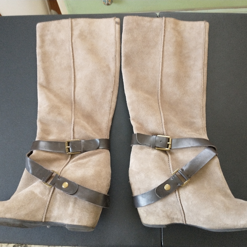 Franco Sarto Hidden Wedge tall boots, buckle, suede, sz 9